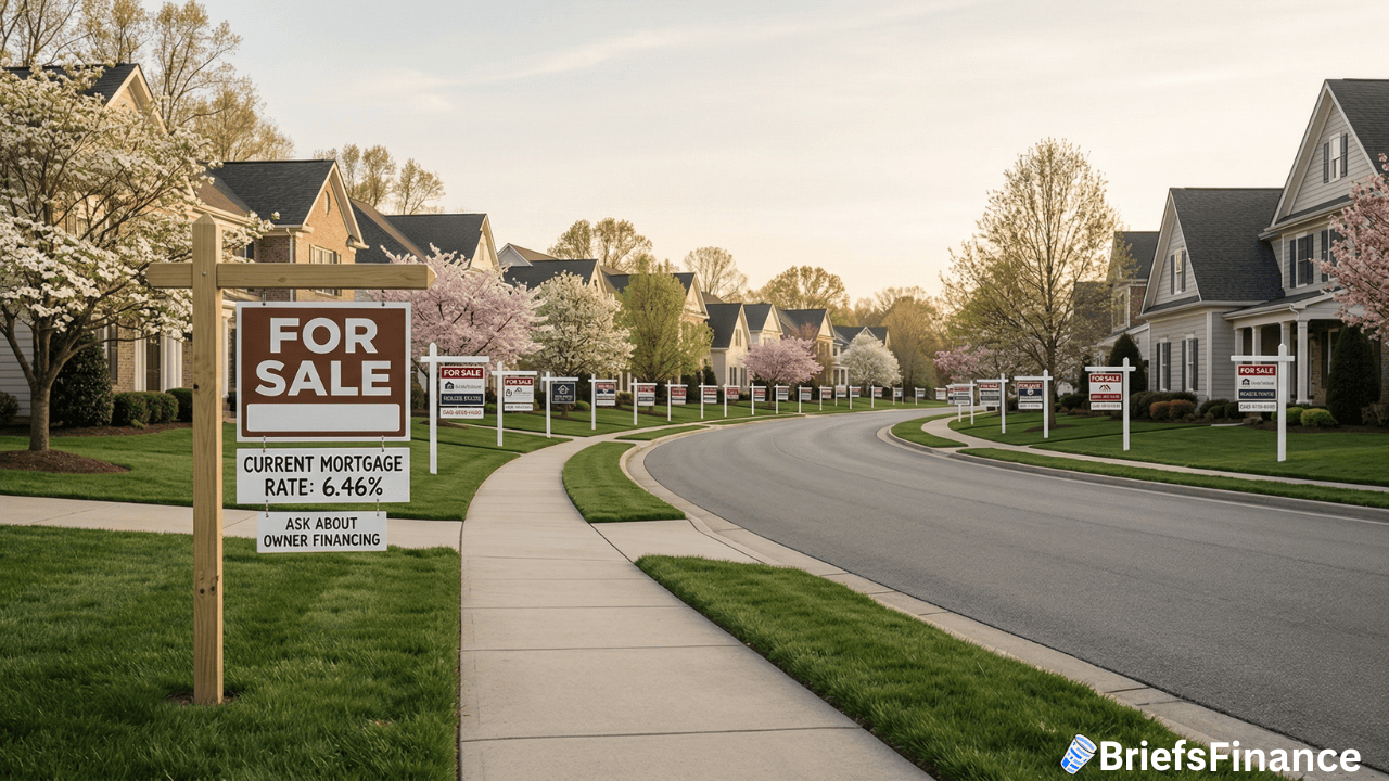 Suburban street lined with identical houses, each with a "For Sale" sign displaying a 6.46% mortgage rate; spring trees are in bloom, highlighting the changing housing market. BriefsFinance logo in the corner.