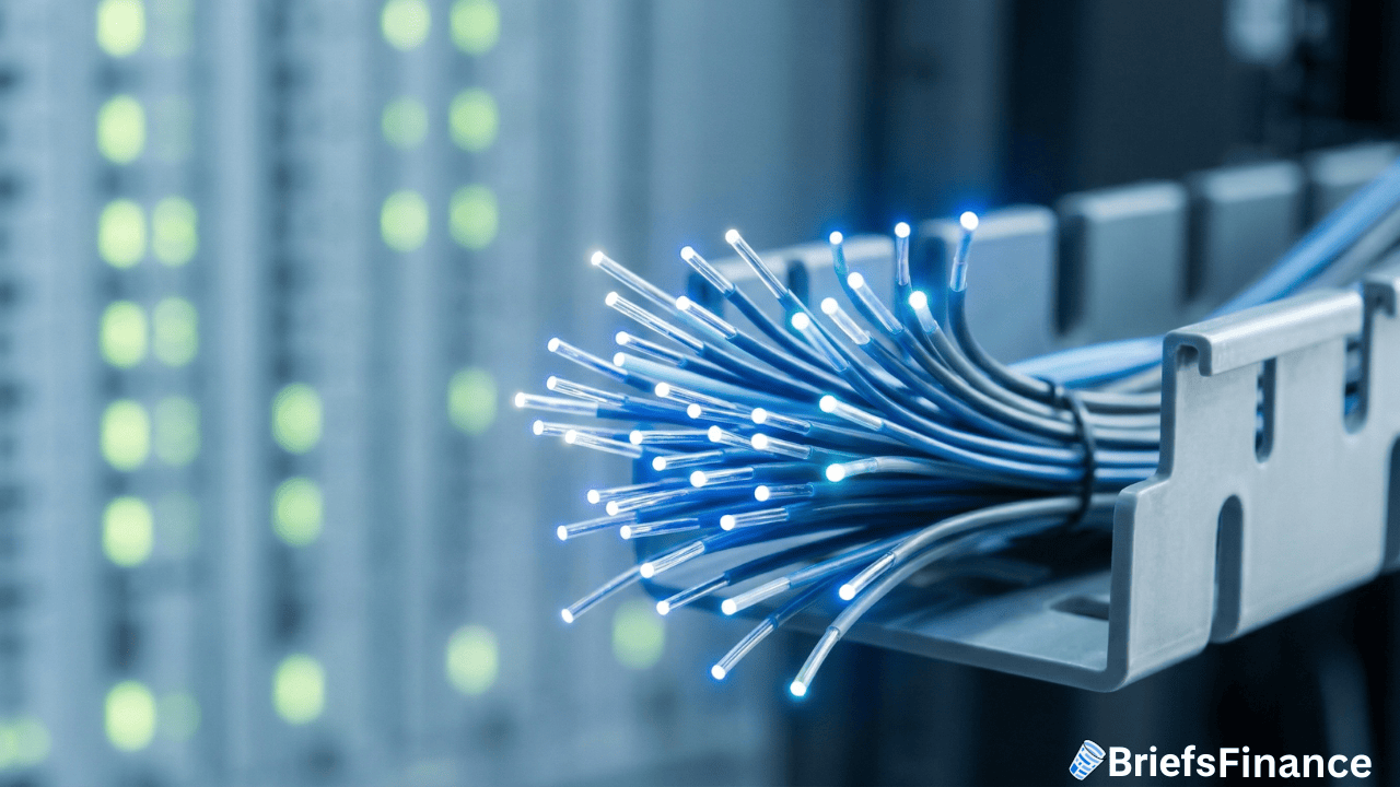 A bundle of illuminated fiber optic cables connected to network equipment in a data center, supporting AI operations in Europe, with blurred server lights in the background.