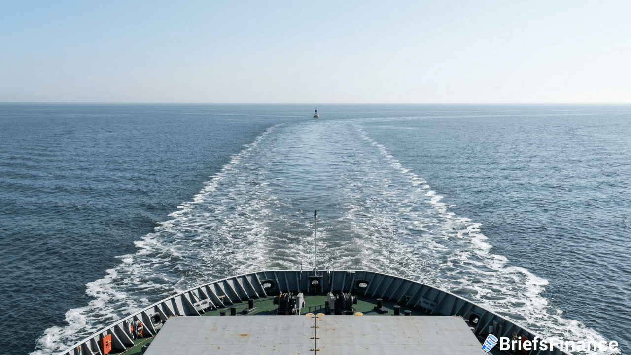 View from a ship's bow moving through calm open water, leaving a wake behind. A distant buoy is visible on the horizon under a clear sky—the same waters once secured by the $40 billion U.S. insurance program in the Strait of Hormuz.
