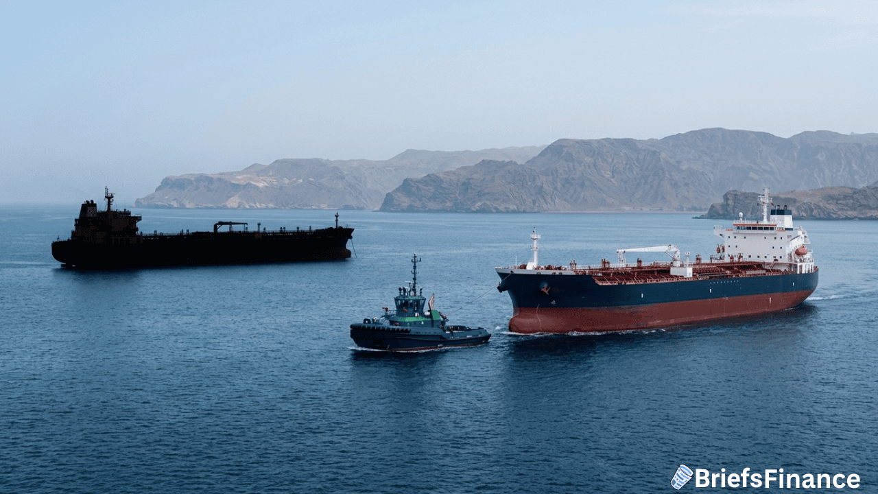 Two large cargo ships and a green tugboat are seen navigating a calm body of water with rocky mountains in the background, reflecting ongoing trade even amid recent ceasefire talks involving Iran.