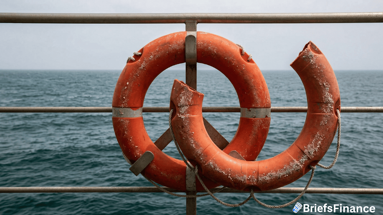 Two damaged orange lifebuoys hang on a metal railing above the ocean, their wear hinting at the rough conditions faced by crews navigating routes shaped by global oil supply and uncertainty under a cloudy sky.