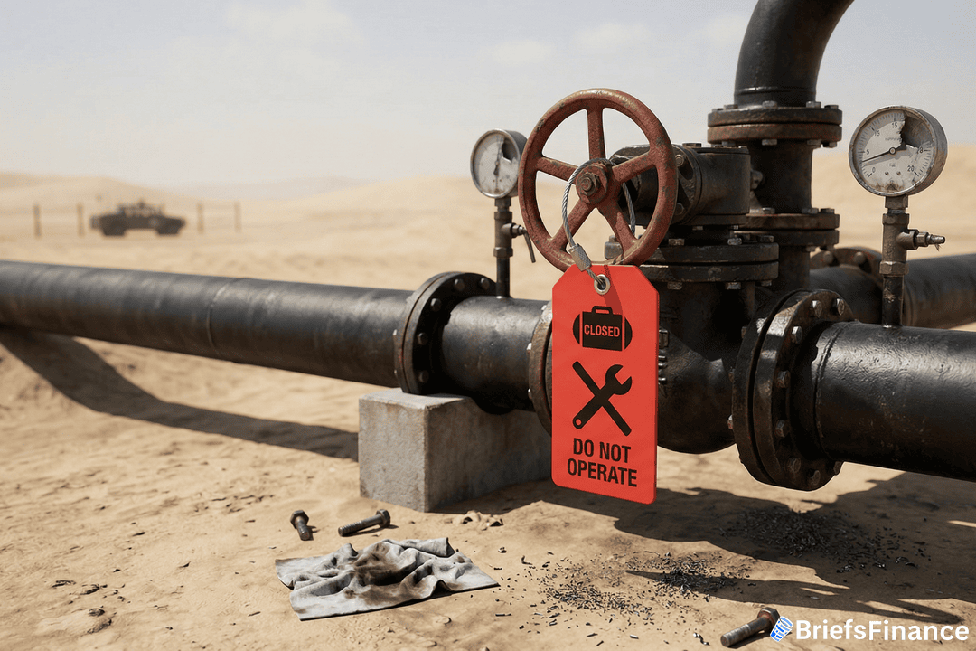 A pipeline valve in a desert is closed with a red "Do Not Operate" tag attached. Tools and a cloth lie on the ground nearby. Two pressure gauges are visible on the pipe.