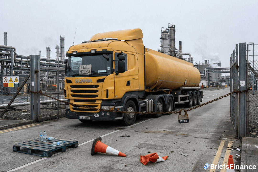 A yellow fuel tanker truck is blocked at the gate of an industrial plant by a metal chain. A traffic cone and bottles are on the ground, and a sign in the truck reads "FUEL PROTEST.