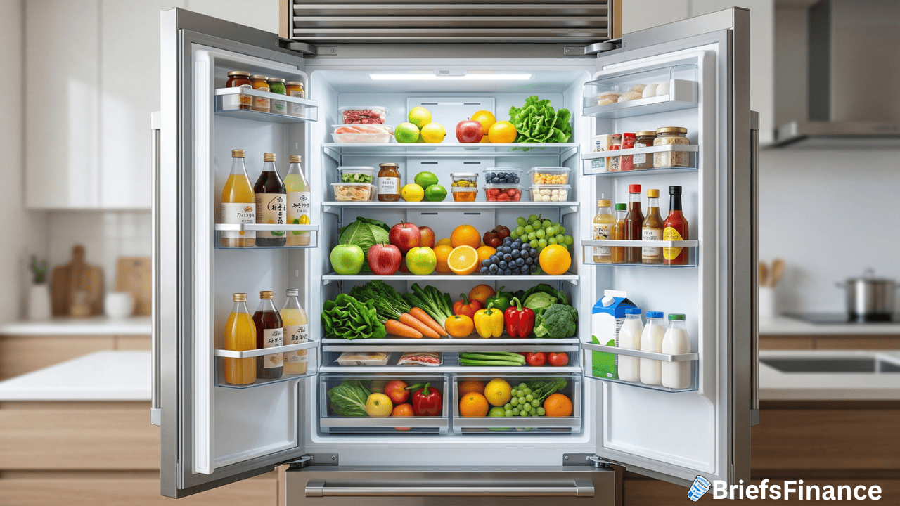 A refrigerator stocked with assorted fruits, vegetables, beverages, dairy products, and condiments in a modern kitchen—ready for any occasion like Japan oil cushion reserves prepared for an unexpected crisis.