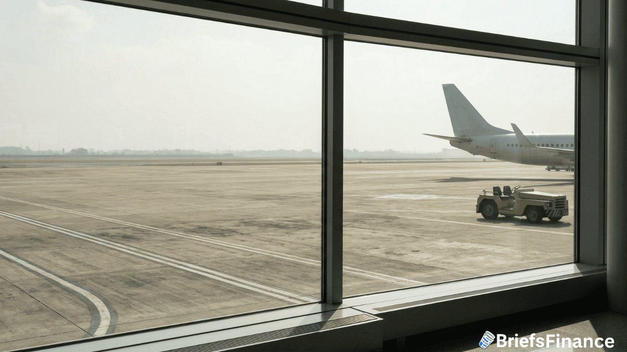 Airport runway view through terminal window shows a parked airplane and yellow ground vehicle; "BriefsFinance" logo in bottom right corner, highlighting the impact of the jet fuel crisis on airline profits.