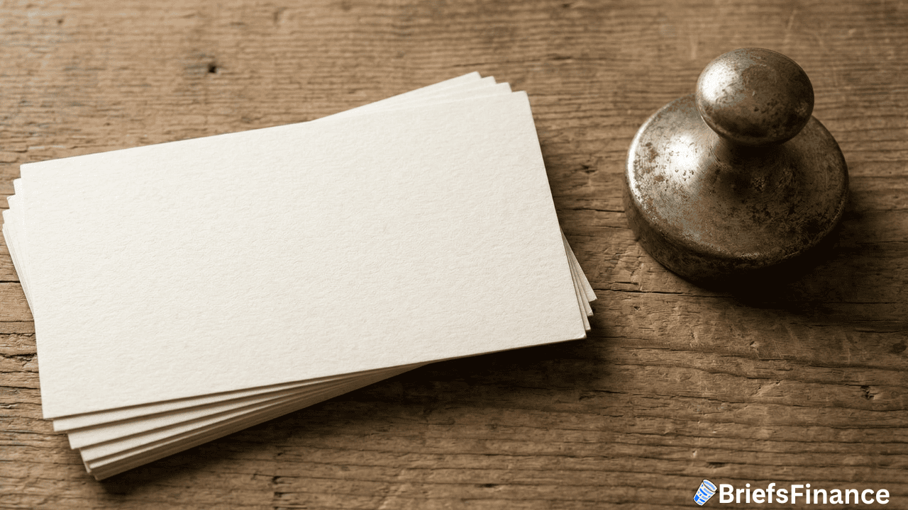 A stack of blank white cards lies on a rustic wooden surface next to a metal paperweight, ready for new hiring notes or employment details during the busy March jobs season.