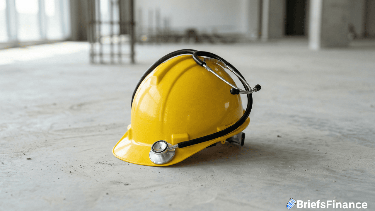 A yellow construction hard hat with a stethoscope resting on it lies on a concrete floor in an unfinished building, symbolizing the connection between healthcare and construction industries this March.