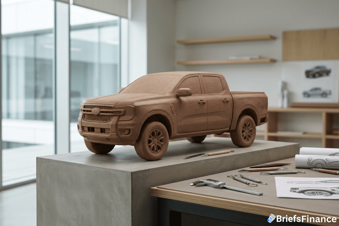 A clay model of a pickup truck is displayed on a pedestal in a modern design studio, with sculpting tools and sketches on a nearby table.
