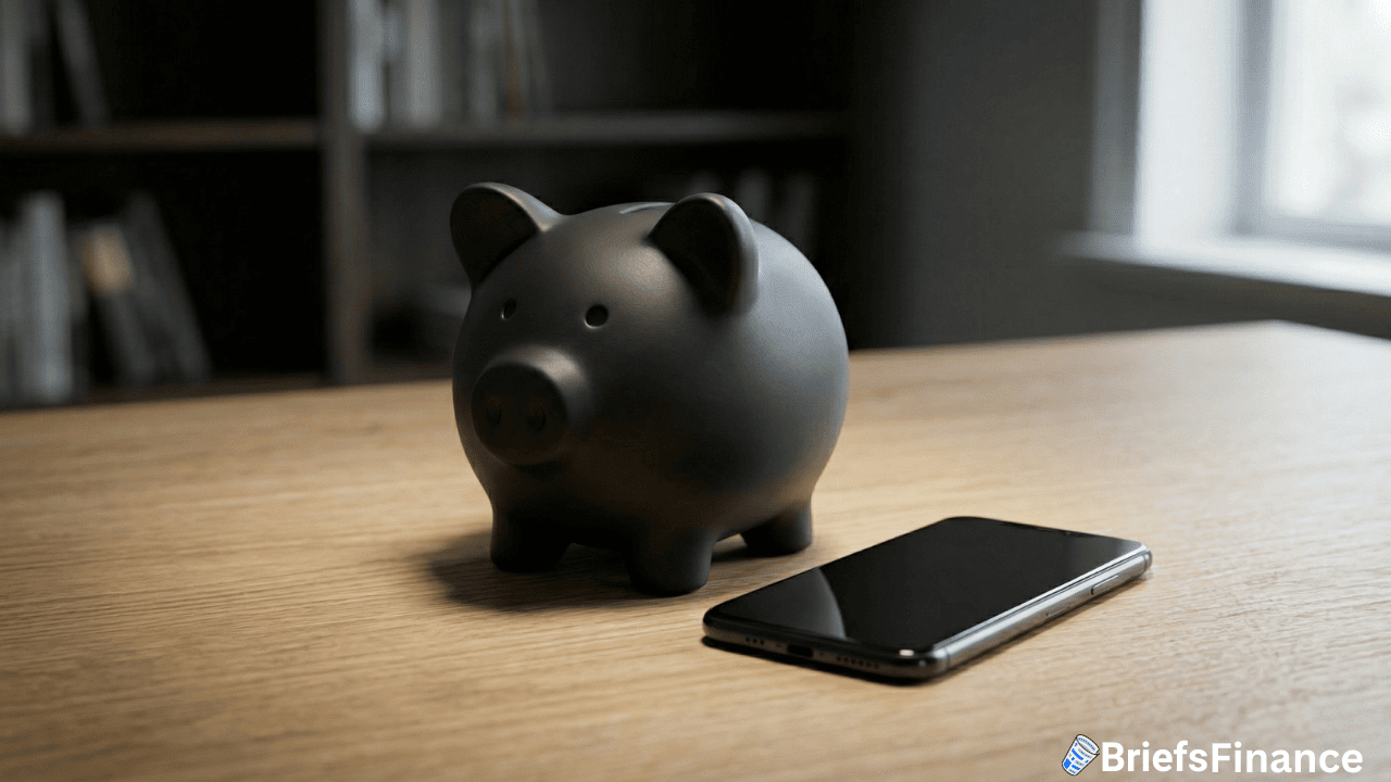 A black piggy bank and a smartphone, hinting at BNY’s Kids' Investment Program, sit on a wooden table in a softly lit room, with shelves and a window in the background.