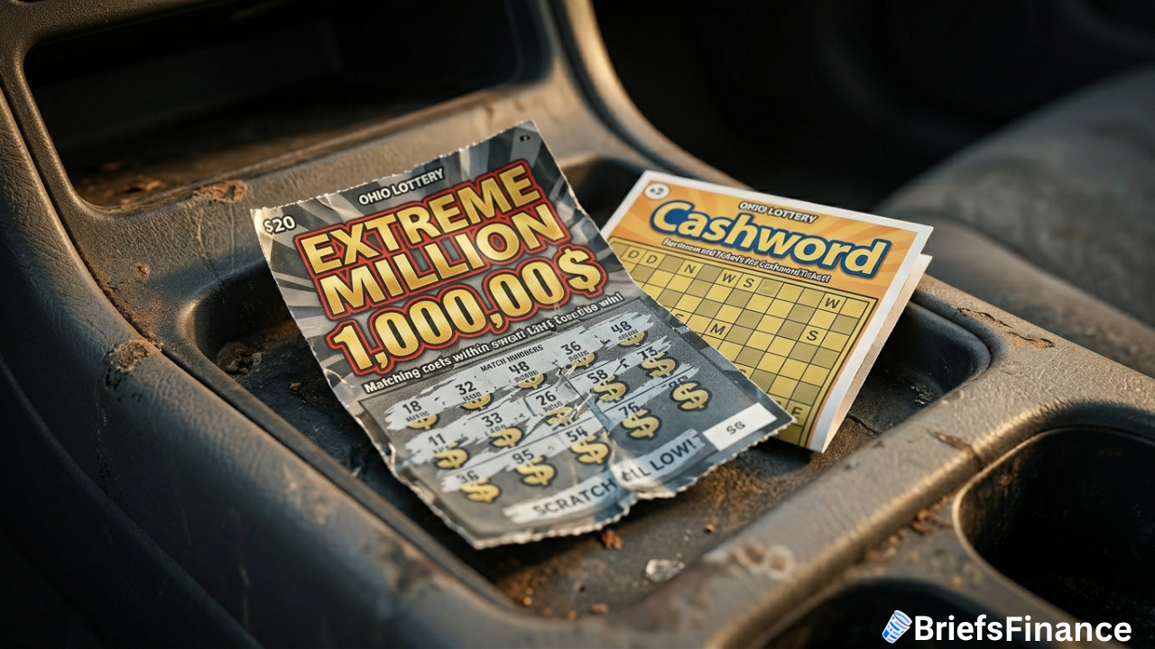 Two scratched Ohio Lottery tickets, "Extreme Million" and "Cashword," likely someone's second choice ticket, sit in a car's cup holder, surrounded by dust and debris—evidence of hopes for a million dollar lottery win.