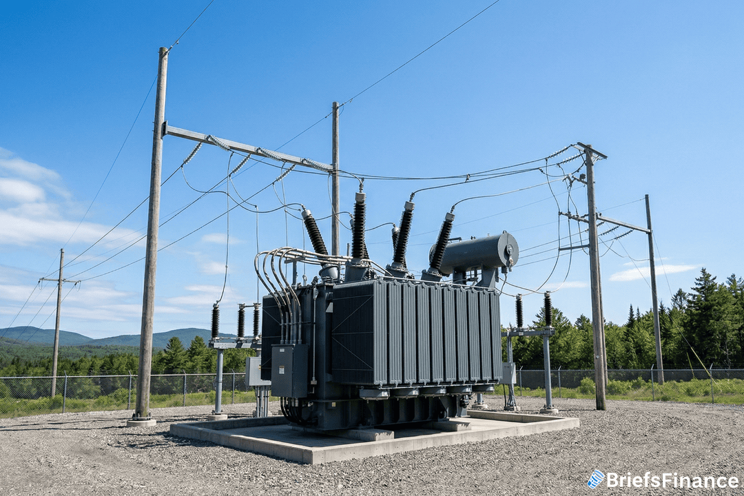 Large electrical transformer at a power substation, surrounded by gravel and fencing, with power lines and trees in the background under a clear sky.