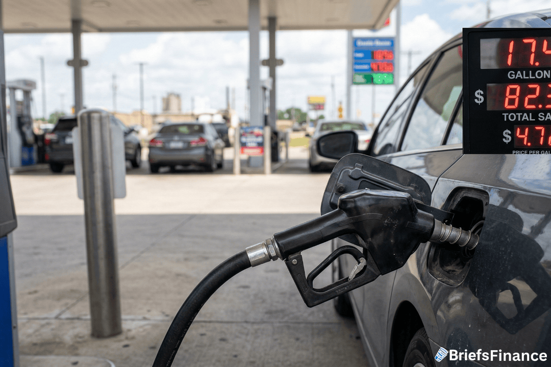 A car is being refueled at a gas station, with the fuel nozzle inserted into the vehicle and gas prices visible in the background.