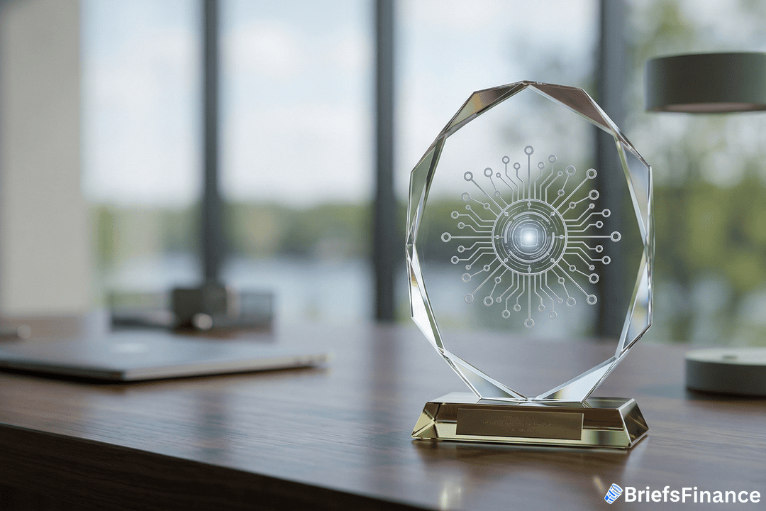 A glass trophy with a circuit design sits on a wooden desk, near a laptop and papers, with a window and greenery in the background.
