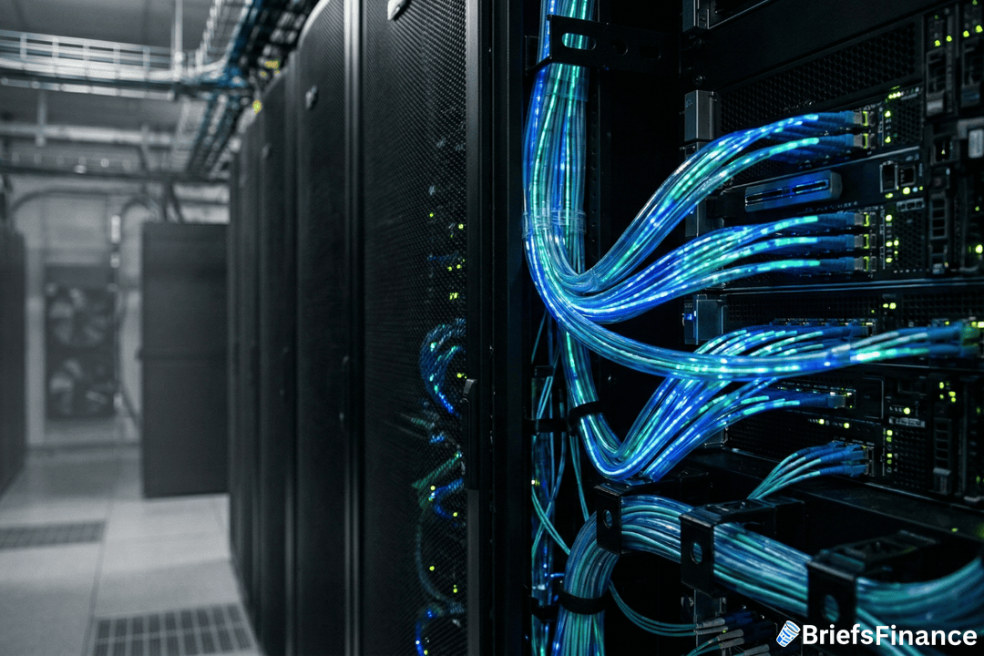 Server room with glowing blue network cables connected to racks of hardware. The BriefsFinance logo is visible in the bottom right corner.