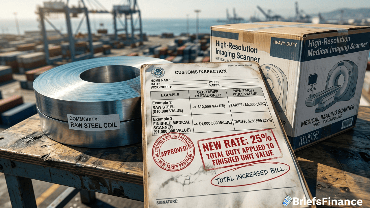 A customs inspection sheet showing a 25% steel tariff rate sits on a table with a raw steel coil and a medical imaging scanner at a shipping port, highlighting challenges faced by importers amid containers in the background.