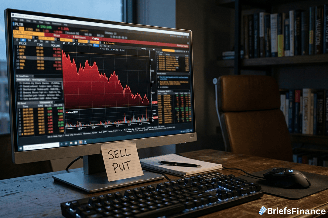 A computer monitor displays a declining stock chart in a home office, with a sticky note reading "SELL PUT" placed on the desk.