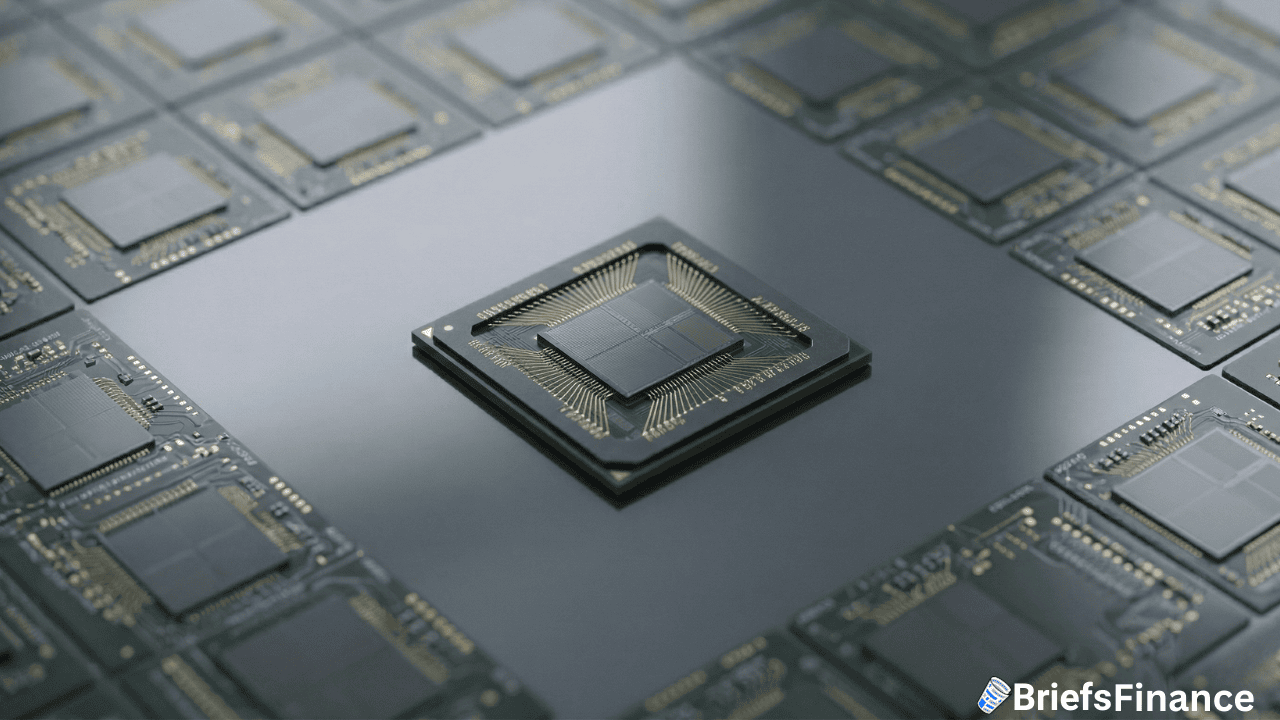 Close-up of a central AI chip microchip on a reflective surface surrounded by similar chips, with a BriefsFinance logo in the bottom right corner—showcasing the latest Micron models that have quickly sold out.
