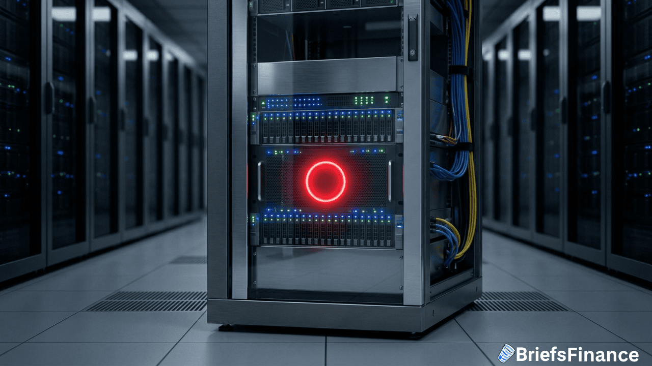 A server rack with a red warning light is in a data center aisle, surrounded by other server cabinets; the BriefsFinance logo and a subtle nod to Microsoft’s AI innovations in Japan appear in the lower right corner.