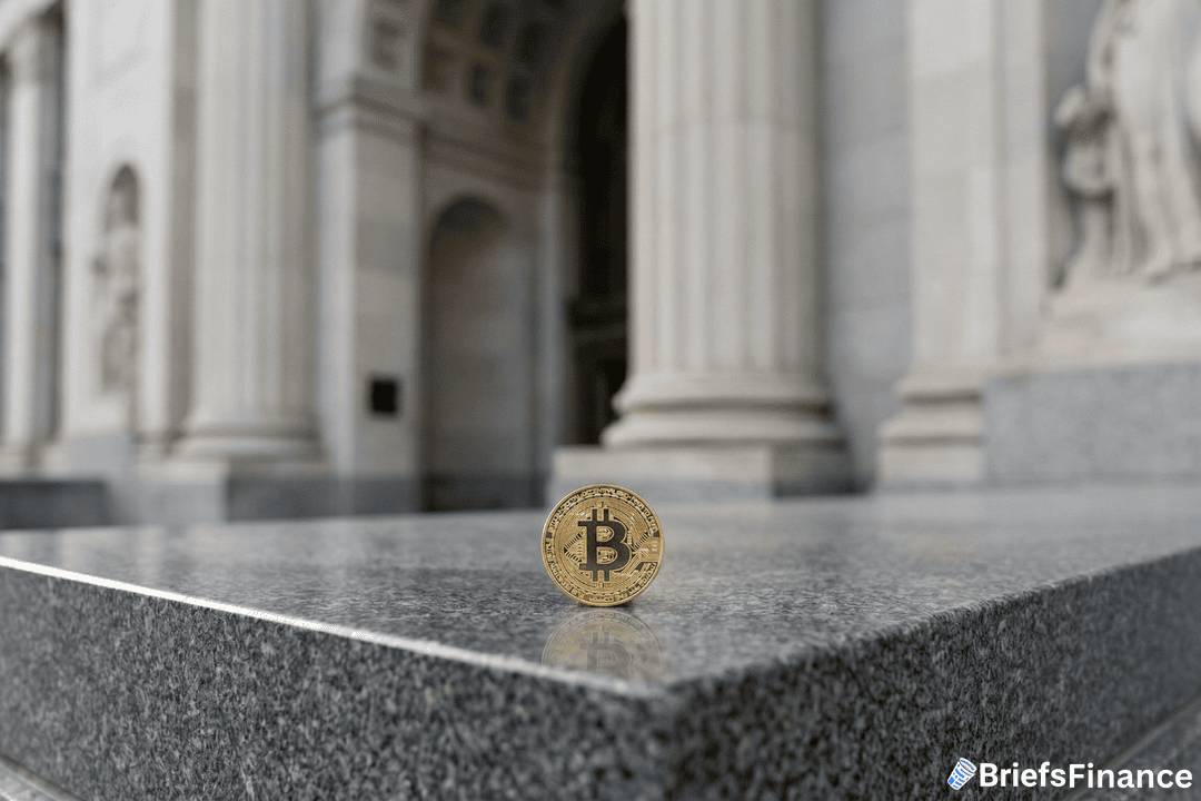 A physical Bitcoin token stands upright on a stone surface in front of a neoclassical building with columns.