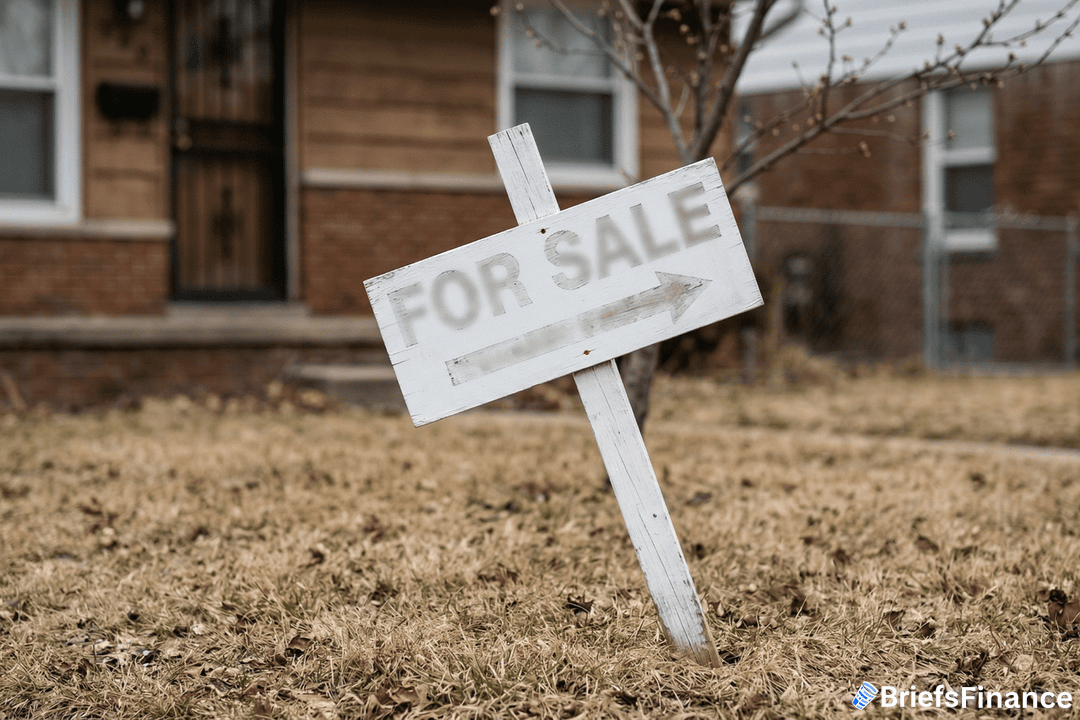 A wooden "For Sale" sign is staked in the front yard of a house with brown siding and a brick foundation.