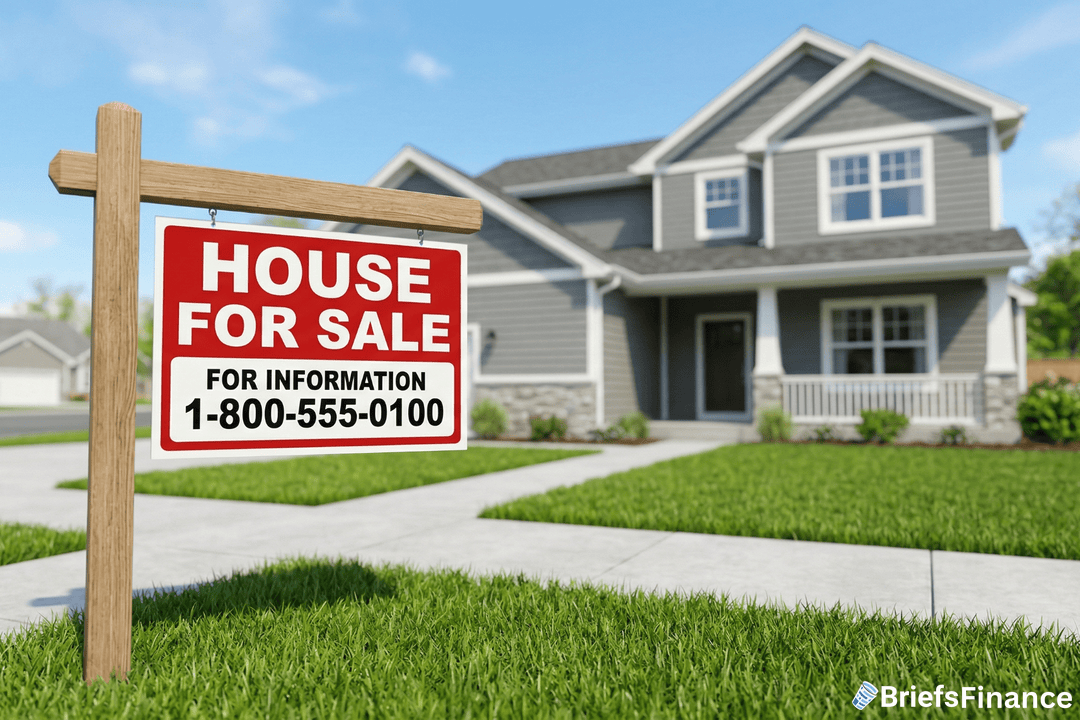 A two-story gray house with white trim and a front porch, featuring a "House for Sale" sign with a contact phone number in the front yard.
