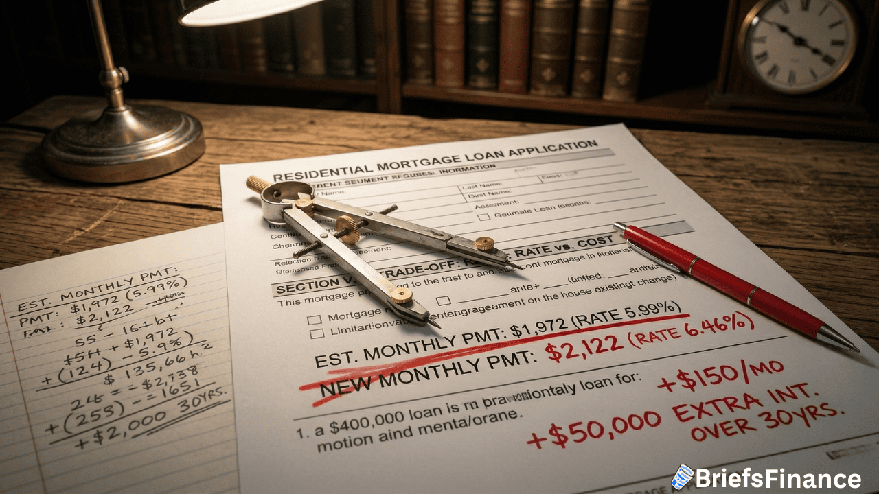 A residential mortgage loan application form with calculations, a compass, and a red pen highlighting increased monthly payments and extra costs over 30 years due to rising mortgage rates.