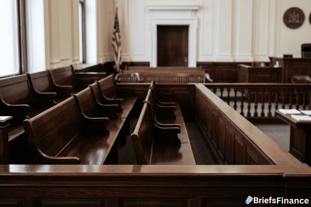 Empty wooden jury benches and chairs in a courtroom with an American flag and BriefsFinance logo in the corner.