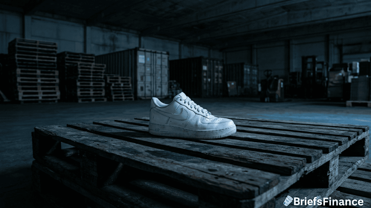 A single white sneaker, evoking thoughts of a recent Nike stock sales slump, sits on a wooden pallet in a dimly lit warehouse with stacked pallets and shipping containers in the background.