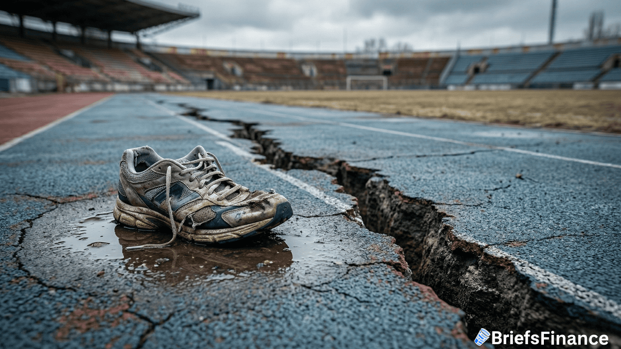 A worn Nike running shoe sits in a puddle next to a large crack on a damaged outdoor track in an empty stadium, evoking the aftermath of a Wall Street sell-off and oversold stock.