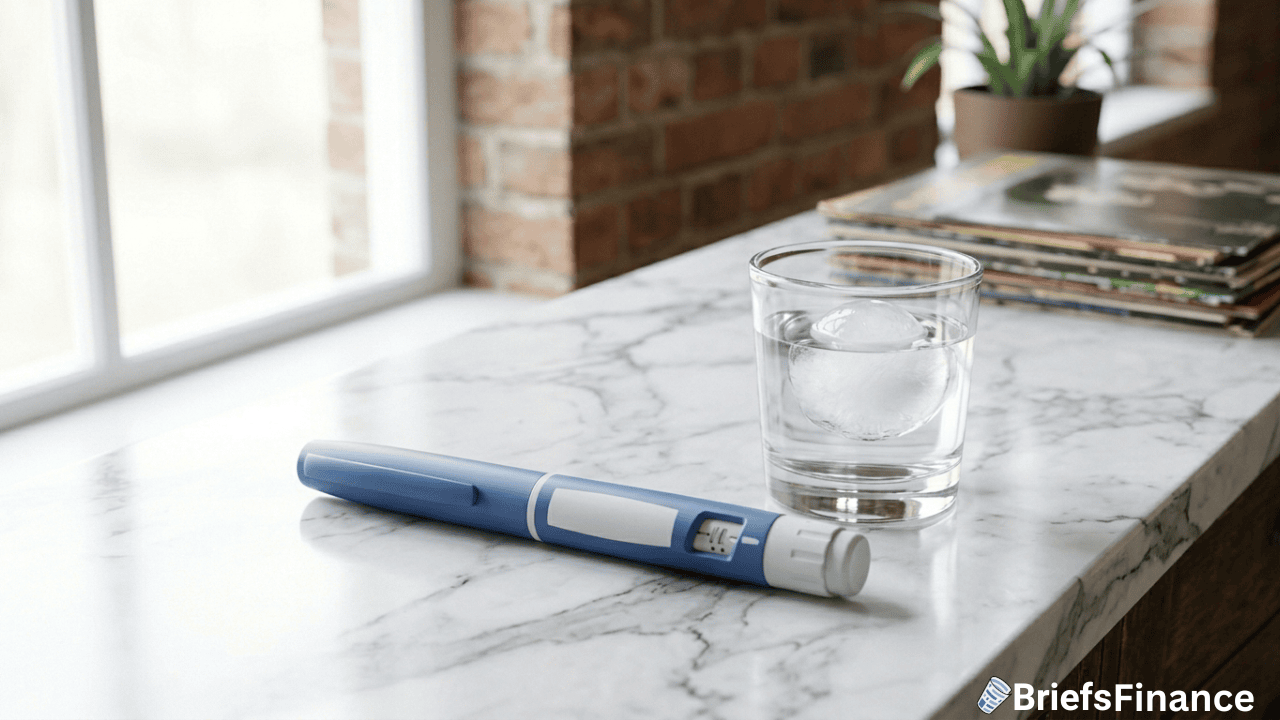 A blue high-dose insulin pen and a glass of water with ice sit on a marble countertop near a stack of magazines and a window.