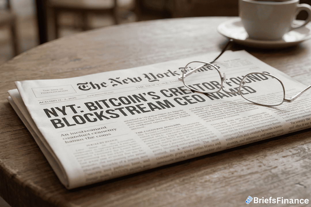 A folded New York Times newspaper on a wooden table with eyeglasses resting on top, next to a coffee cup. The headline reads about Bitcoin’s creator and a Blockstream CEO.