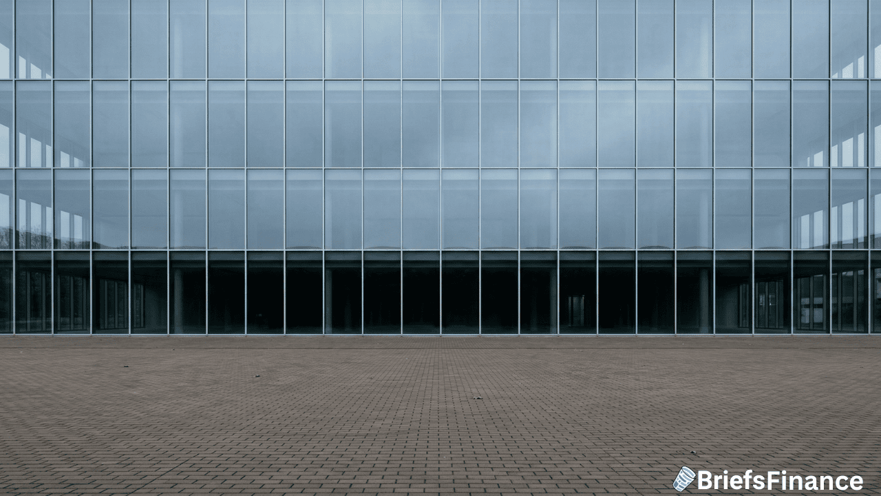 Modern glass office building with a grid of windows and empty paved courtyard in front; "BriefsFinance" logo in the bottom right corner, highlighting how real estate dynamics impact family offices as prices crater.