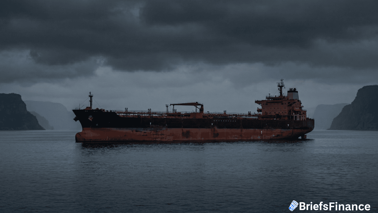 Large cargo ship anchored in calm water under a cloudy, overcast sky, near a strategic oil chokepoint, with mountainous landforms in the distant background.