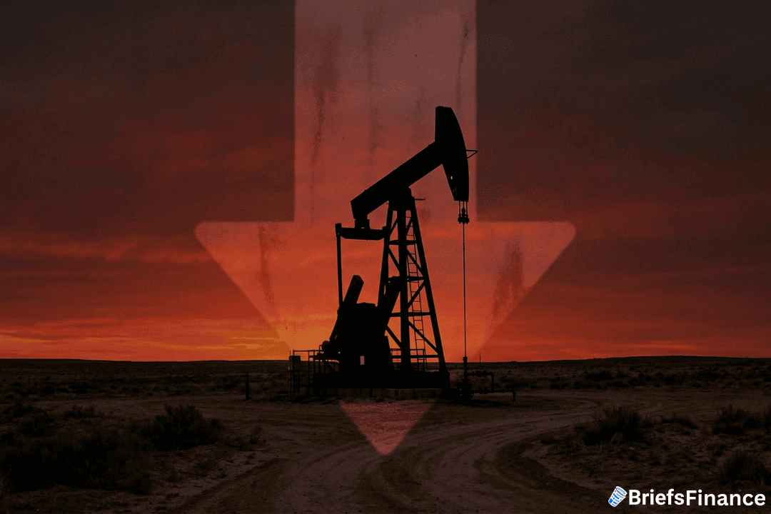 An oil pump jack at sunset with a large downward arrow overlay, suggesting a decline in oil prices or production; BriefsFinance logo in the corner.