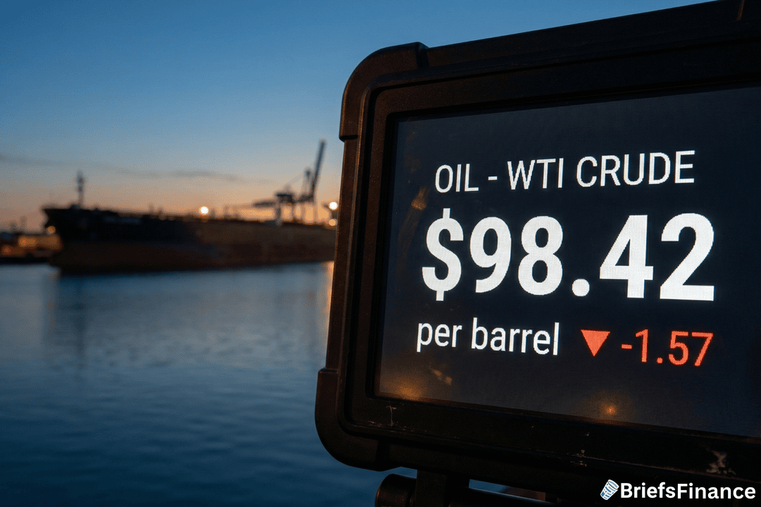 A digital display shows WTI crude oil priced at $98.42 per barrel, down 1.57, with an oil tanker and harbor in the background at dusk.