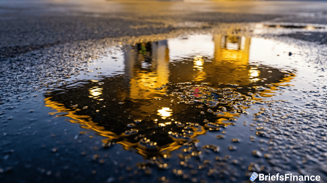 Puddle on asphalt reflecting a brightly lit building at night, with yellow lights clearly visible in the water—like the shimmer seen when oil prices hit their highest since 2008.