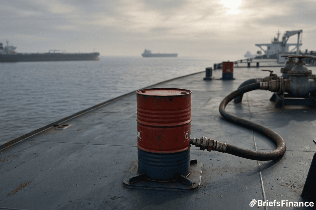 A red and blue oil drum with a hose attached sits on the deck of a ship, with several oil tankers visible in the distance on a cloudy day.
