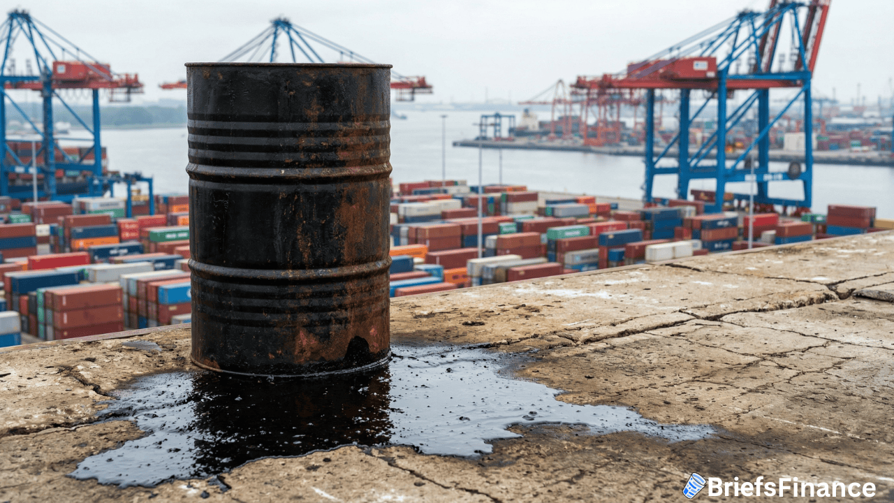 A rusty oil barrel leaks onto a concrete surface overlooking a busy port filled with shipping containers and cranes, hinting at the uncertain market outlook as oil prices edge toward $126 a barrel.