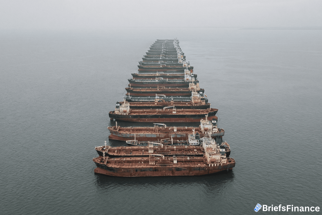 Aerial view of multiple large cargo ships anchored in a straight line on calm water under a cloudy sky.