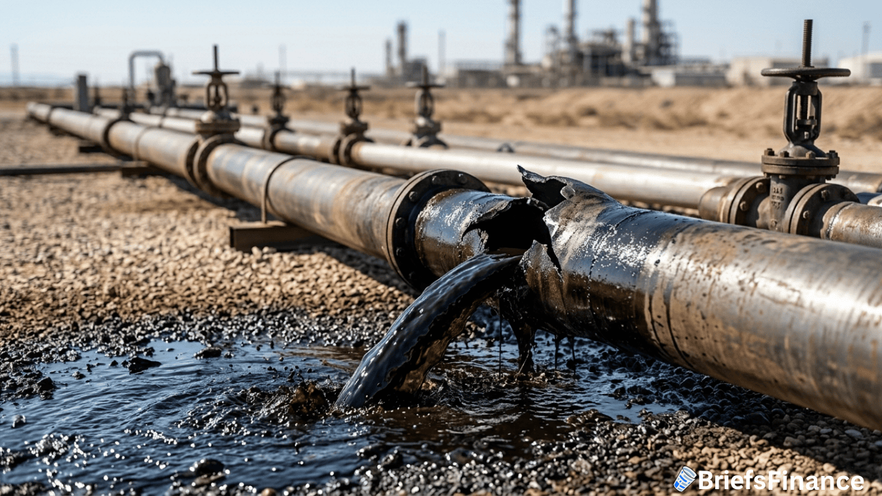 Oil leaking from a damaged pipeline onto the ground, with industrial structures visible in the background, highlights the risk of oil disruption impacting the world oil supply measured in barrels daily.