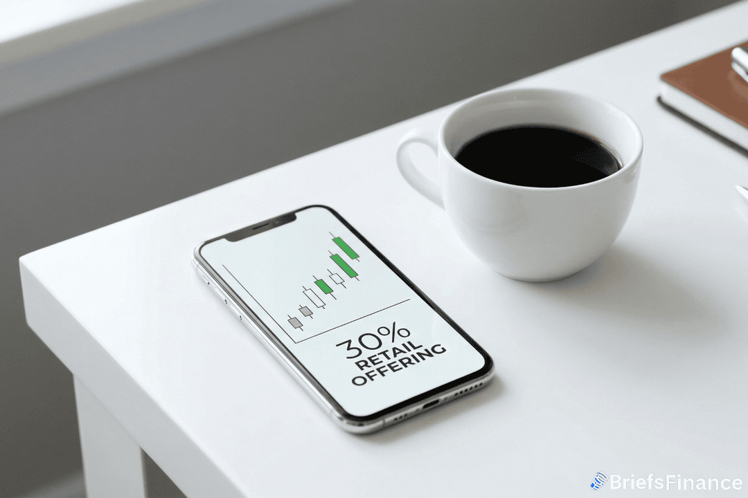 A smartphone displaying a financial chart and "30% Retail Offering" sits on a white table next to a cup of black coffee.