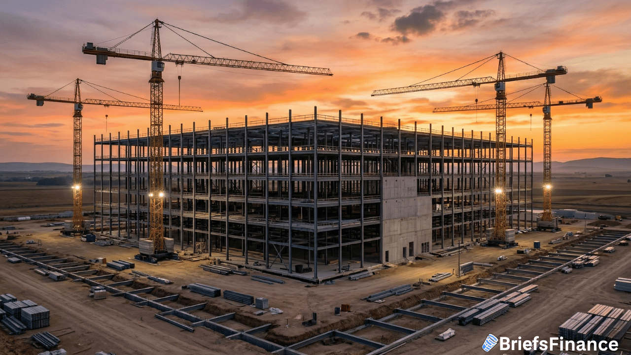Steel-frame building under construction with four tower cranes at sunset, surrounded by construction materials and open land—highlighting the rising role of CFOs in AI spending decisions. BriefsFinance logo in bottom right corner.