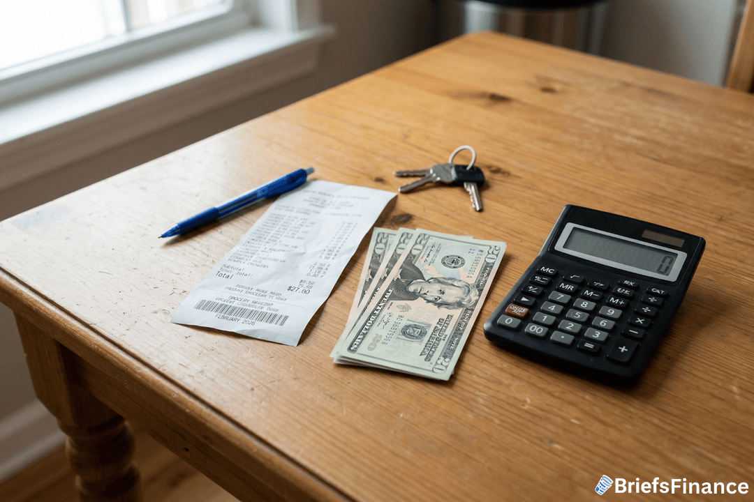 A receipt, blue pen, keys, calculator, and cash are arranged on a wooden table near a window.
