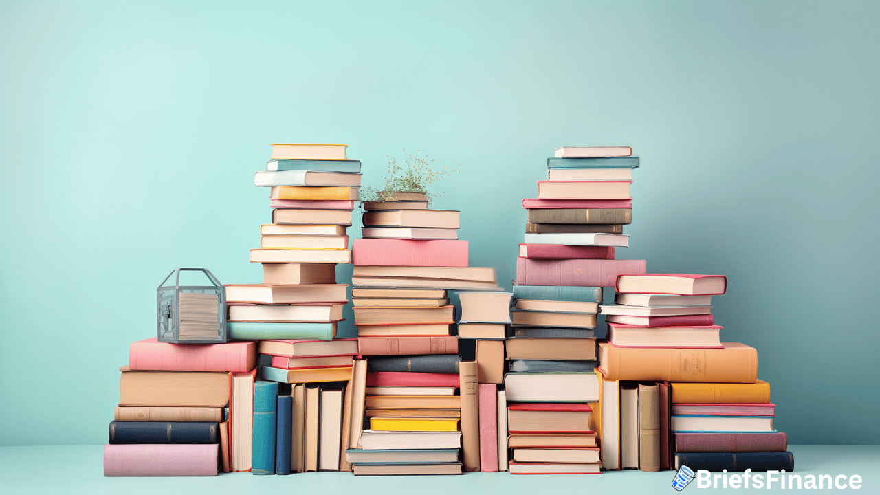 Stacks of colorful books arranged in uneven piles against a light blue background, with a small glass lantern and a potted plant placed among the books.