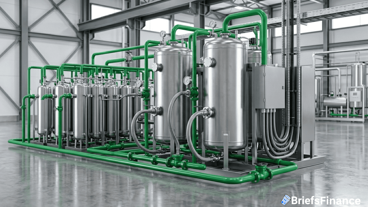 Industrial facility interior with large stainless steel tanks, cylinders, and green pipelines, used for processing or manufacturing with Plug Power’s advanced electrolyzer technology under contract.