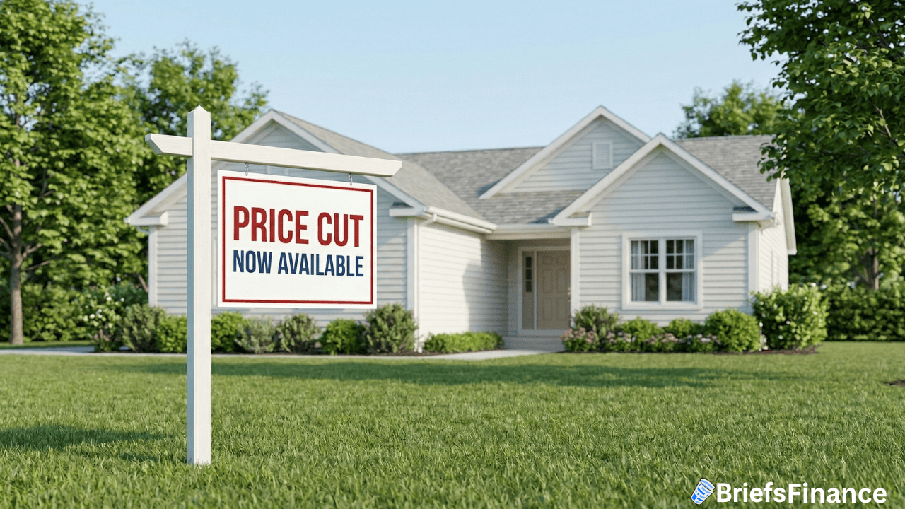A white house with a "Price Cut Now Available" sign in the front yard, surrounded by grass and trees, reflects the drop in home prices seen across some U.S. cities.