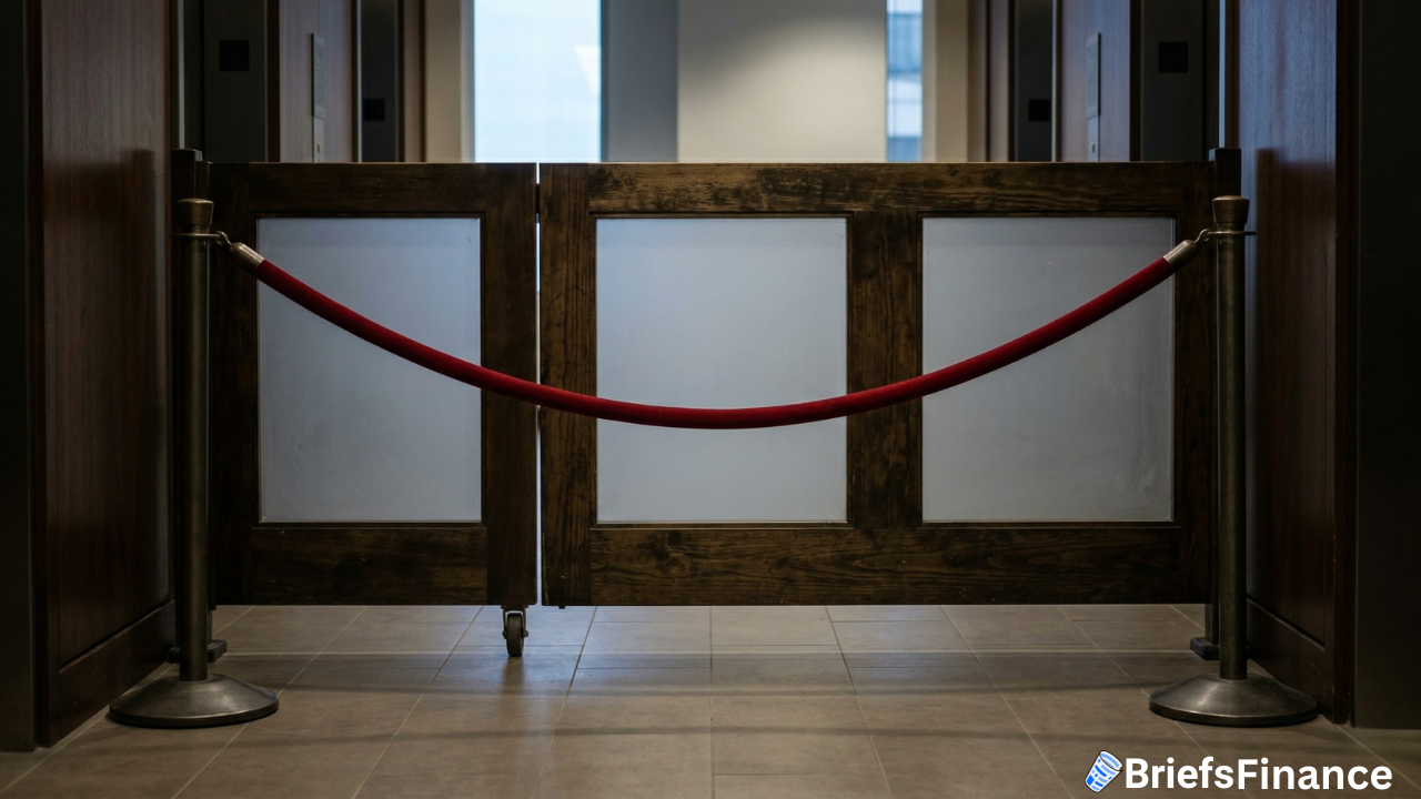 A hallway is blocked by a wooden barrier and a red rope, with doors on either side and a tiled floor—hinting at loan defaults or private lenders tightening access. The BriefsFinance logo is visible in the bottom right corner.