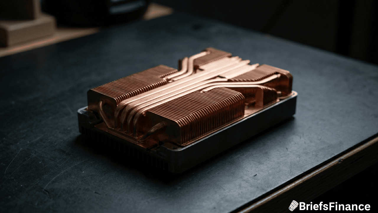 A large copper heatsink with intricate fins rests on a dark tabletop, signaling advanced Bitcoin mining technology; the BriefsFinance logo is in the lower right corner.