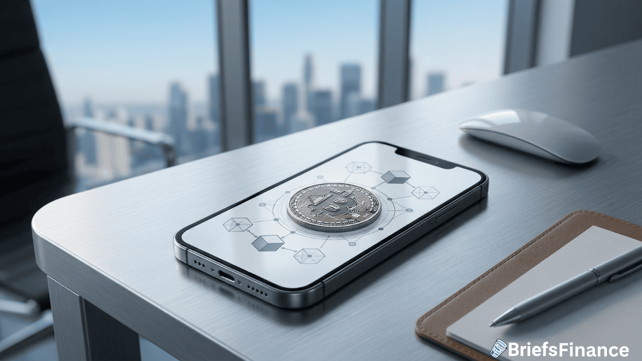 A smartphone displaying a Bitcoin symbol rests on a desk next to a notebook and pen—ideal for clients managing crypto investments—with a city skyline visible through the window in the background.