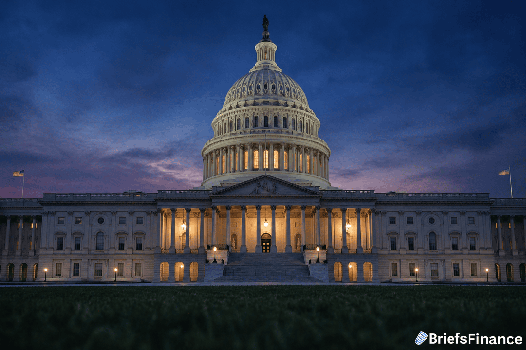 The U.S. Capitol building illuminated at dusk with a dramatic sky in the background; BriefsFinance logo in the lower right corner.